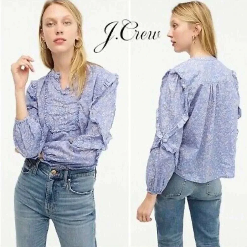 J Crew Floral Ruffle Bib Blouse Top Women Size L Blue White Cotton Peasant NWT